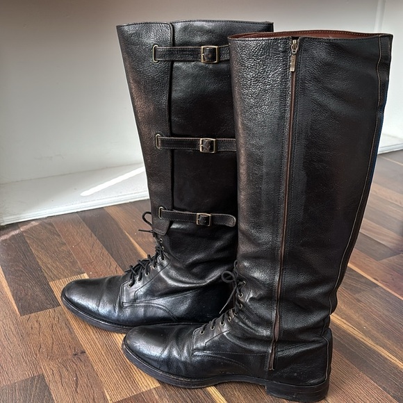 Cole Haan Black Leather‎ Zip, Buckle & Lace 17” Tall Knee-High Riding Boots Sz 9 - Picture 4 of 14